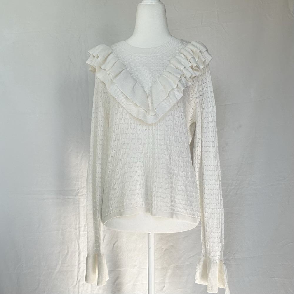 Rachel Parcell Pointelle Ruffle Sweater Ivory Size L NWT Dainty Coquette